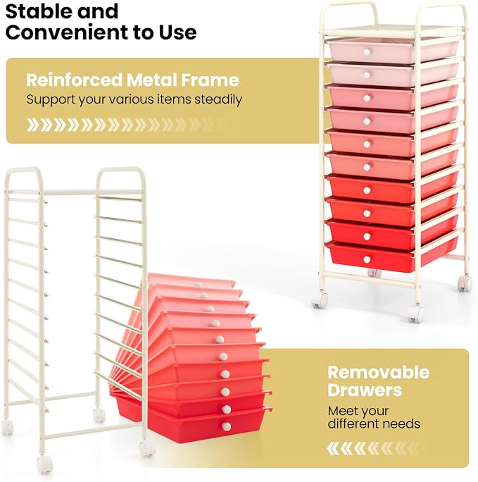 COSTWAY 10-Drawer Rolling Storage Cart, Utility Mobile Trolley with Removable Drawers & Universal Casters & 2 Brakes, Versatile Flexible Drawer Organizer Cart for Home, Office, Mixed Pink