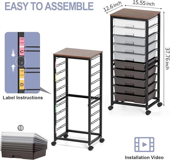 SYKIARIOL Rolling Cart with Drawers,10 Drawer Rolling Cart,Storage Cart,Utility Cart,Teacher Cart for Classroom Storage,Craft Cart with Wheels and Wooden Tabletop,Grey
