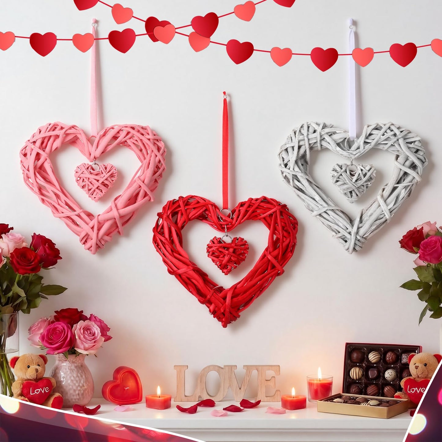 Amyhill 3 Pcs Large Valentine's Day Rattan Hearts Themed Hanging Decor Heart Shape Wicker Wreath Rustic White Pink Red Ornament for Weddings Holiday Party Home Decoration Wall Front Door Display