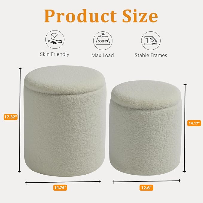 BLEXA Round Ottoman with Storage Set of 2-Upholstered Sherpa Vanity Stool for Makeup Multifunctional Ottomans Coffee Table Padded Seat Foot Rest for LivingRoom&Bedroom(Sherpa White)