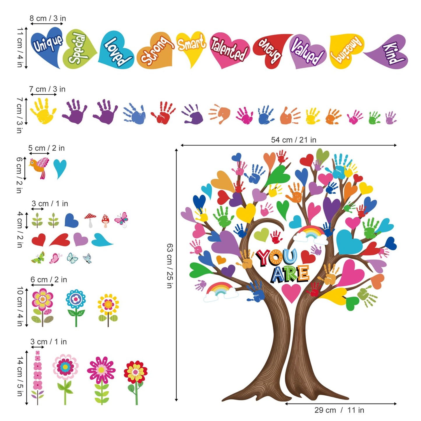 wondever Large Hearts Tree Handprint Wall Stickers Classroom Tree Inspirational Quotes You are Strong Peel and Stick Wall Art Decals for Kids Room Elementary School Teacher Classroom