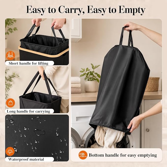 Foluck 100L Laundry Hamper with Lid Removable Bag and Bamboo Handles | Waterproof Self-locking Inner Bag, 3 Different Handles, 600D Cationic Cloth, for Dorm Bedroom Bathroom