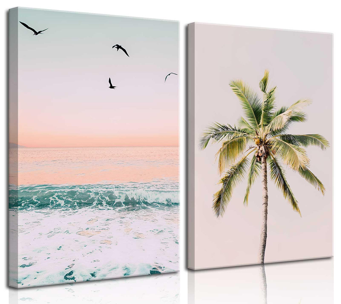 2Pcs Framed Pastel Beach Wall Art Tropical Palm Tree Canvas Posters Prints Coastal Ocean Wall Decor Pictures Summer Beach Theme Bedroom Living Room Decoration, 12x16 Inch