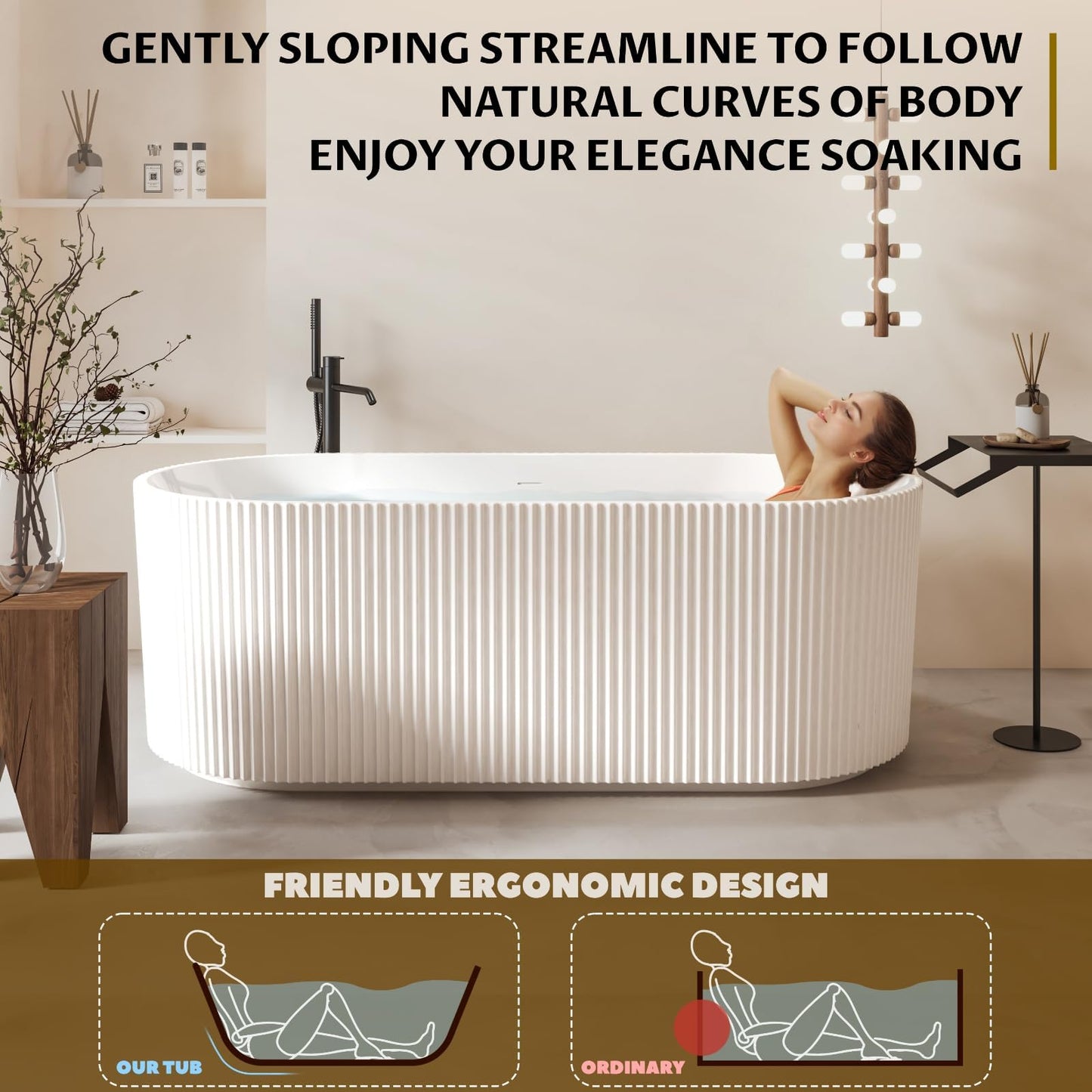 59" Modern V-Shape Freestanding Bathtub - Gloss White Acrylic Soaker with Pleated Design, Chrome Drain & Overflow,Cupc Certified,Gloss White