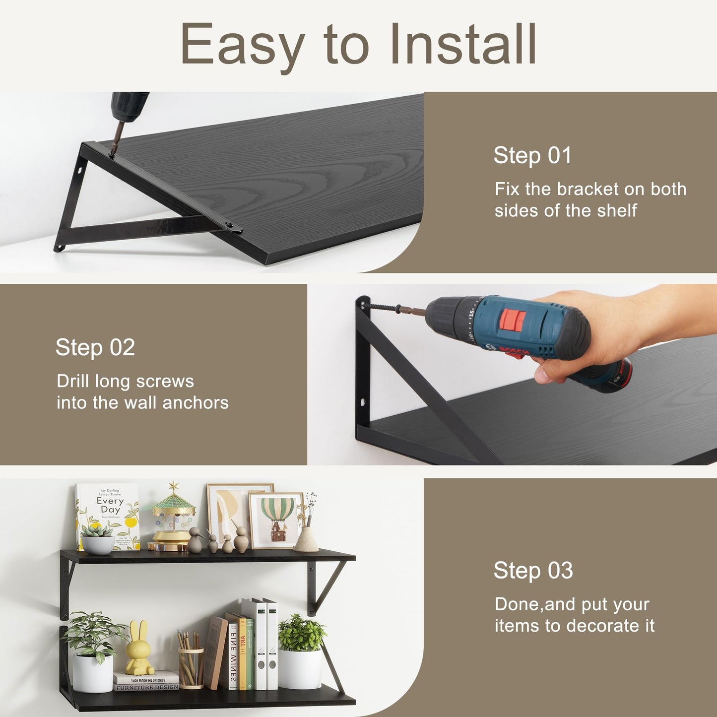 36"W x 12"D Floating Shelves, Black Deep Floating Shelves for Wall with Brackets, 12 Inch Deep Wall Shelves for Books, Wide Display Storage Shelves for Bathroom, Living Room, 36 Inch Long, Set of 2