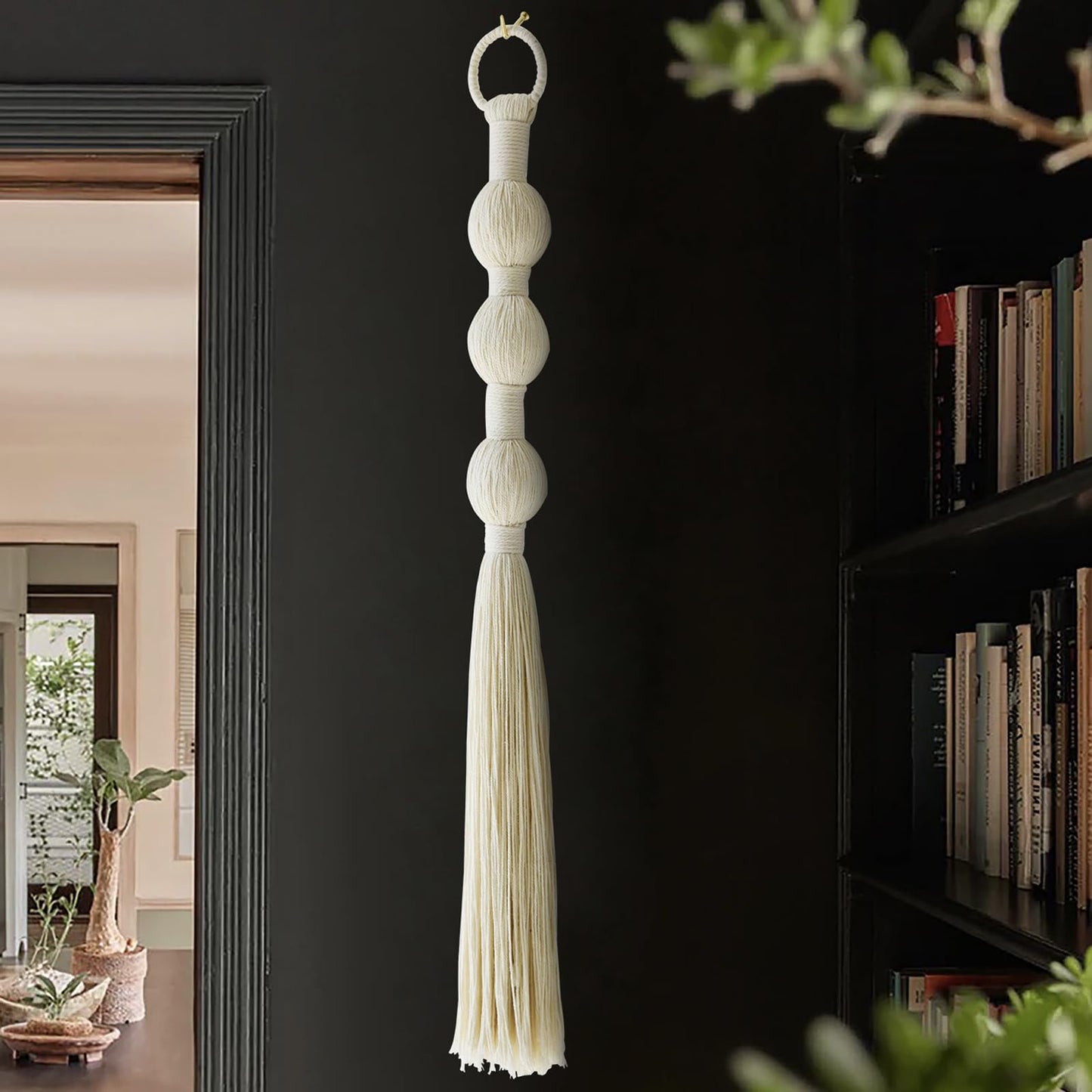 IOWER Macrame Wall Hanging Small Sphericity Cotton Textile Tassel Wall Hanging Fiber Yarn Art for Living Room Bedroom 27'' L x 2.3'' W