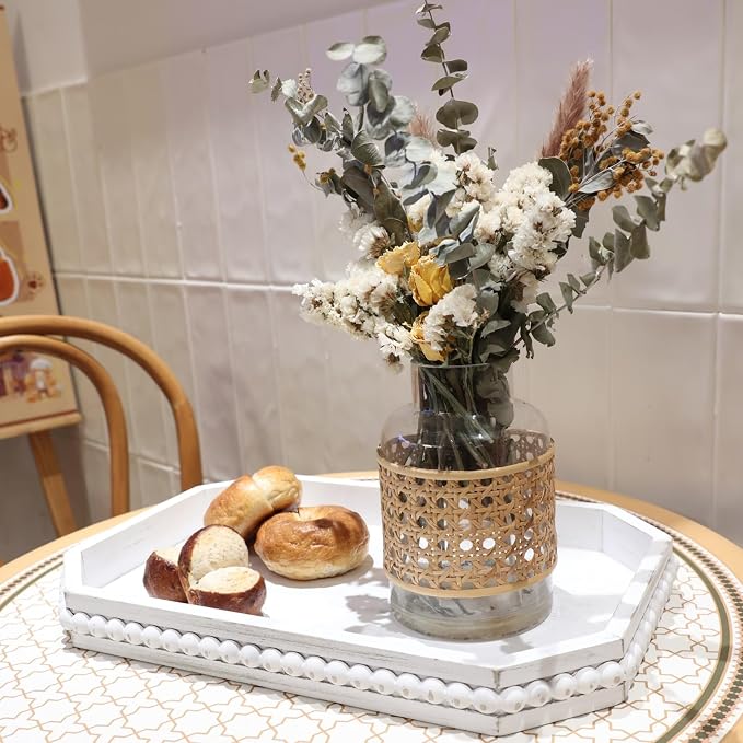 Hrastany Whitewashed Wood Serving Tray with Beads, Farmhouse Decorative Tray for Table Centerpiece, Christmas Wedding Halloween Home Decor
