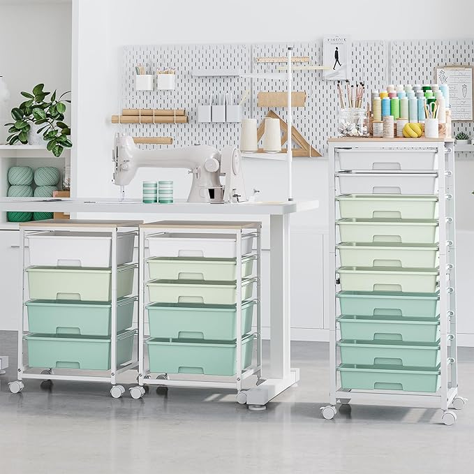 SYKIARIOL Rolling Cart with Drawers,10 Drawer Rolling Cart,Storage Cart,Utility Cart,Teacher Cart for Classroom Storage,Craft Cart with Wheels and Wooden Tabletop,Green