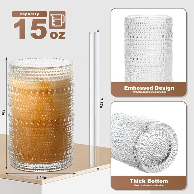 Hobnail Drinking Glasses Set of 12, 15 oz Large Capacity Highball Glasses with Straws Vintage Glasses Drinking Set, Embossed Beaded Glass Cups for Kitchen, Beer, Juice, Cocktail, Whiskey, Milk