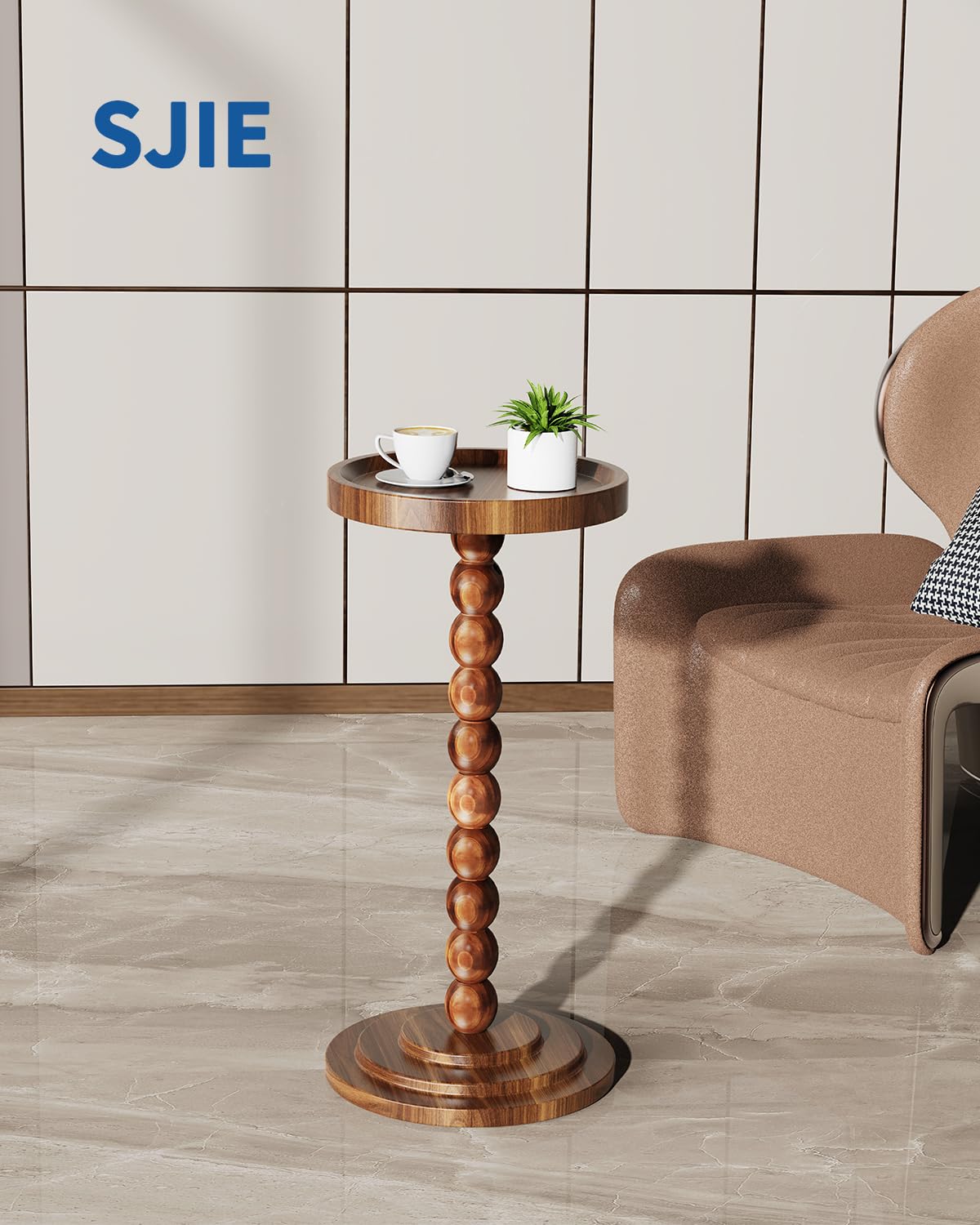 Round Wooden Side Table & Drink Table | Sturdy & Functional Mid-Century Modern Design with Solid Wood Columns for Living Room, Bedroom, Office & More