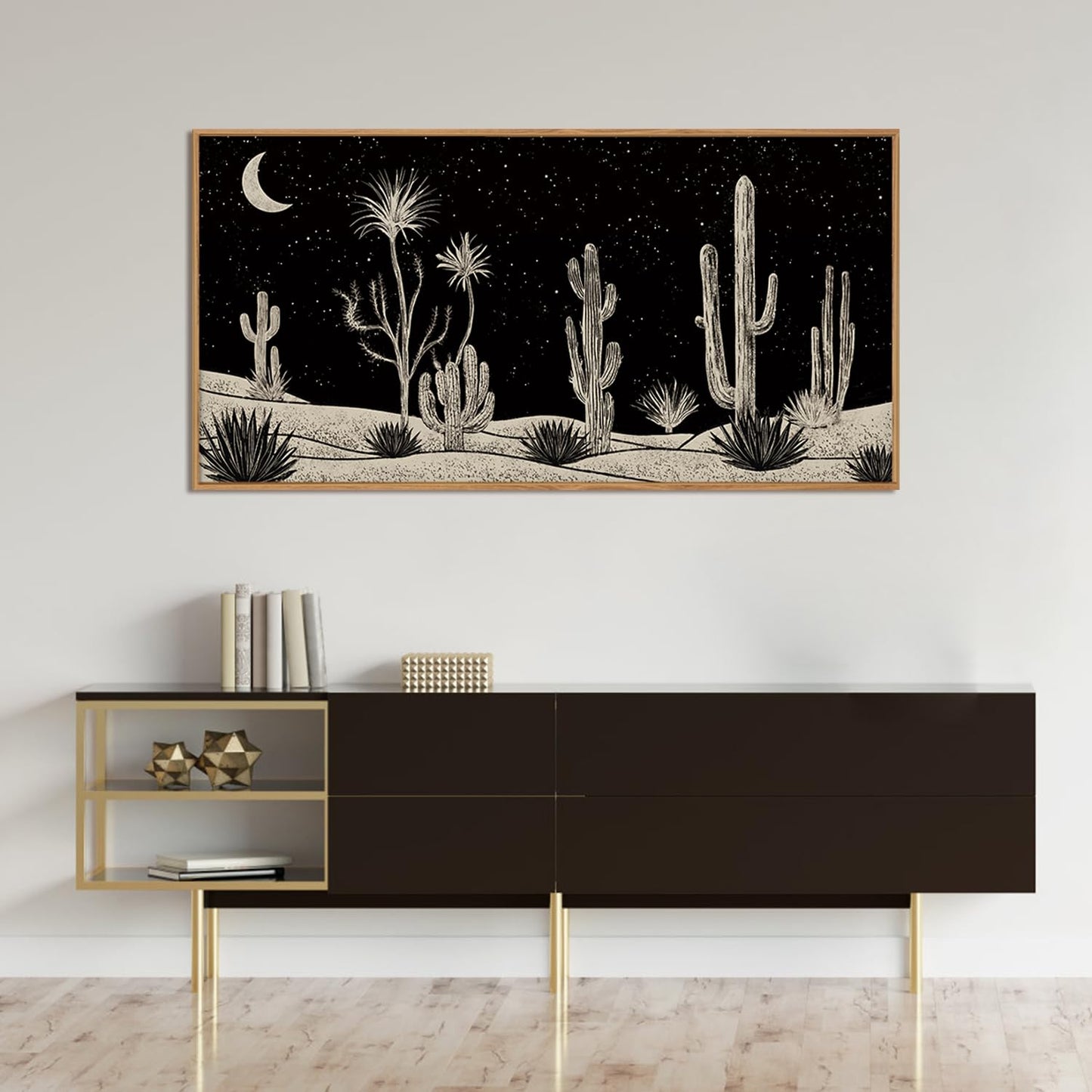 DRACIT Desert Night Cactus Framed Canvas Wall Art Set,Southwestern Black and White Landscape Wall Decor,Rustic Wooden Mid Century Boho Moon Artwork for Living Room,Bedroom-20 x40