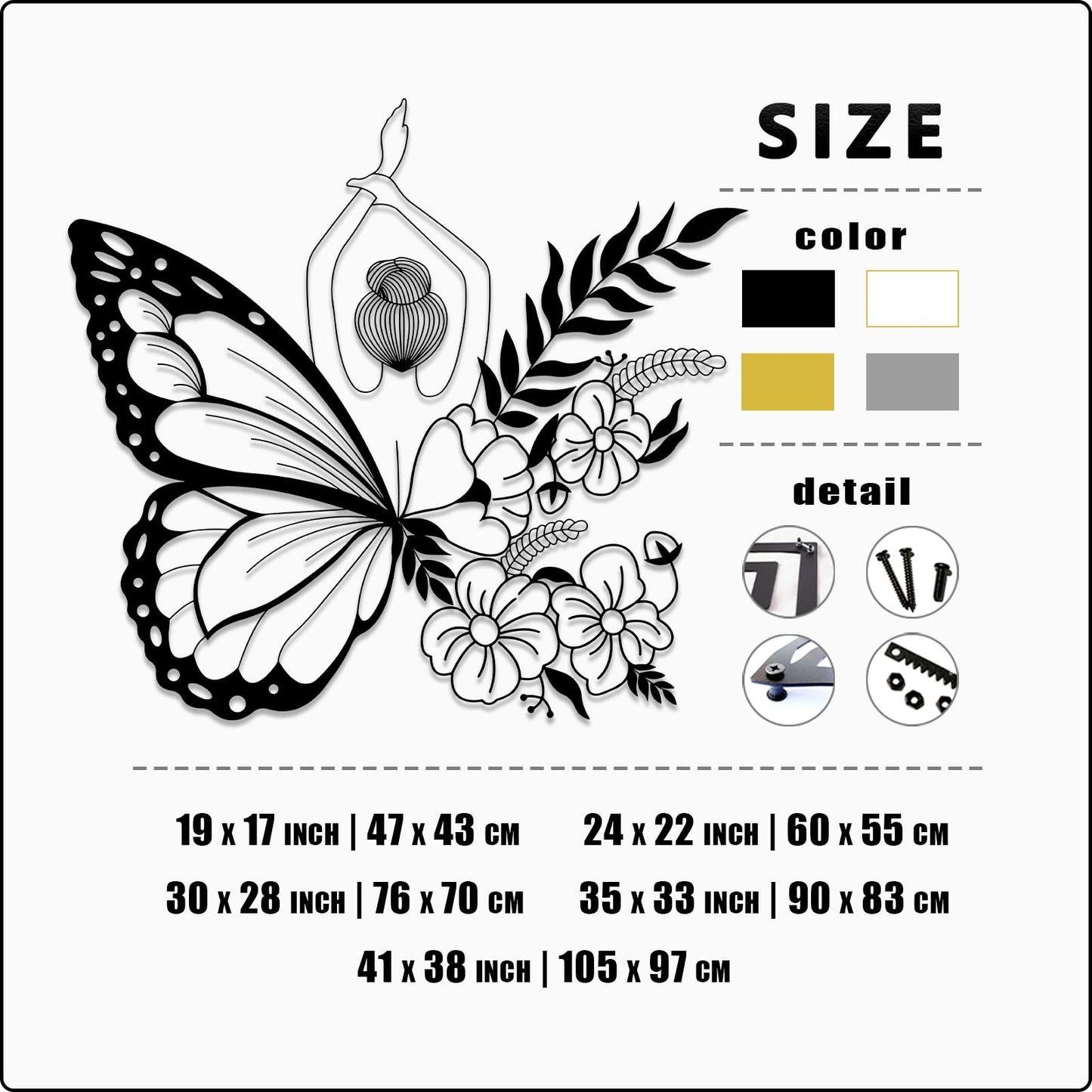 Cadeali Butterfly Woman Metal Wall Art, Flower Butterfly Wall Decor, Minimalist Line Art, Flowers Decorations, Home Living Room Decor, Gifts for Her (19 x 17 inch | 47 x 43 cm, (White)