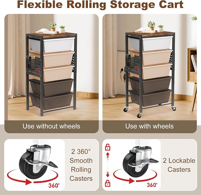 Rolling Cart with Drawers, Rolling Storage Cart with Large Plastic Drawers & Wooden Tabletop, Utility Cart with Pegboards & Basket, Storage Drawers Cart for Living Room, Classroom, Bedroom, Office