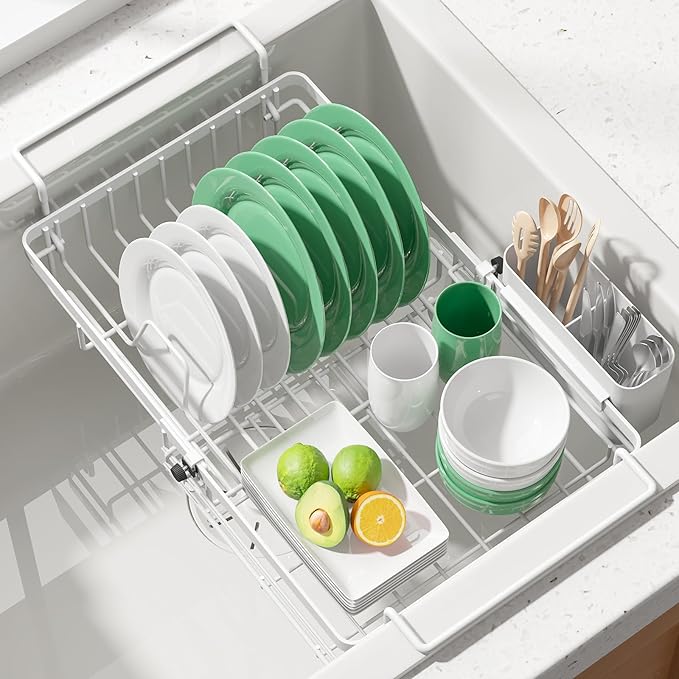 Kitsure Dish Drying Rack – Expandable in-Sink or Over-Sink Dish Rack for Kitchen Counter, Rust-Resistant Metal Dish Strainer with Cutlery Holder, 10.82"-17.12" L x 11.02" W x 3.93" H, Grey