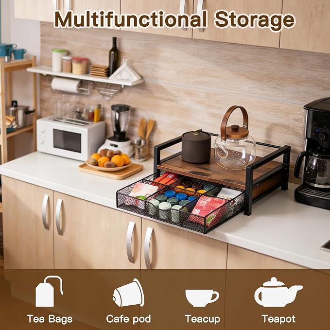 Tea Bag Organizer Holder, Wood Tea Box Organizer with 6 Compartments Storage Drawer, Rustic Brown Tea Station Chest, Countertop Display Storage Container Box for Kitchen Tea Station Chest