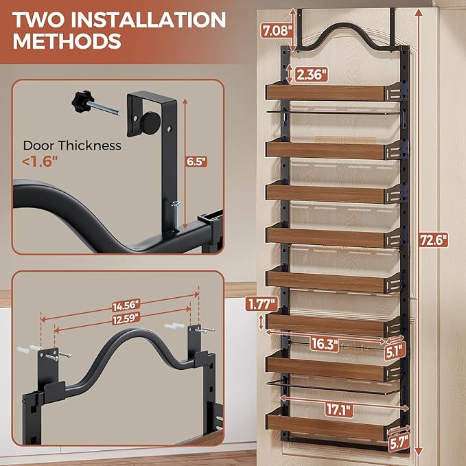 8-Tier Pantry Door Organizer, Over the Door Pantry Organizer with Wooden Adjustable Baskets, 2 IN 1 Spice Rack Wall Mount or Door Organizer, Door Spice Rack for Pantry（72.6×17.1×5.1in,Black)