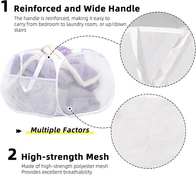 Collapsible Laundry Basket, 90L Foldable Pop-up Laundry Hamper with Handles, Mesh Dirty Clothes Hamper for Laundry, Bathroom, Kids Room, Dorm,Travel or Camping (White, 2PCS)