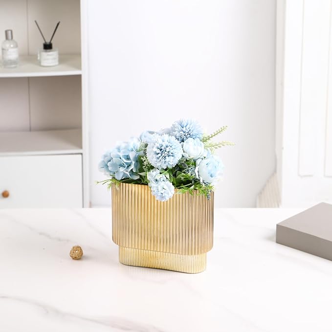 Ribbed Vase, Gold Glass Vase for Flowers, Gold Flower Vases for Tulips, Modern Vases for Living Room, Dining Table, Office, Bedroom, Mantle, Shelf, Wedding, 7 Inch