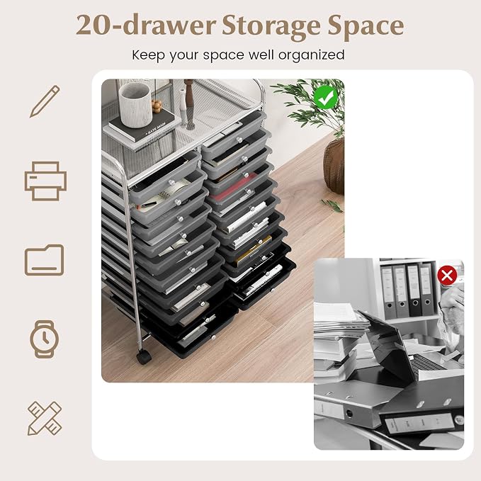 COSTWAY 20-Drawer Rolling Storage Cart, Utility Storage Organizer Cart for Tools, Scrapbook, Paper, Craft, Multipurpose Storage Trolley on Wheels for Home Office School, Mixed Black