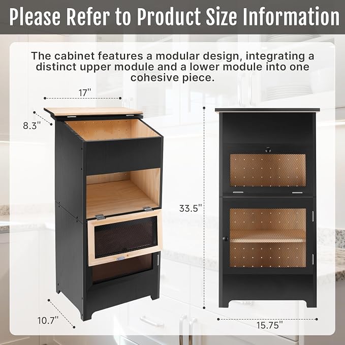 Large Potato and Onion Storage Bin - Wooden Stackable Bread Storage Box with Lid & Mesh Doors, Decorative Fruit and Vegetable Organization Cabinet for Kitchen, 15.75"W x 10.7"D x 33.5"H (Black)
