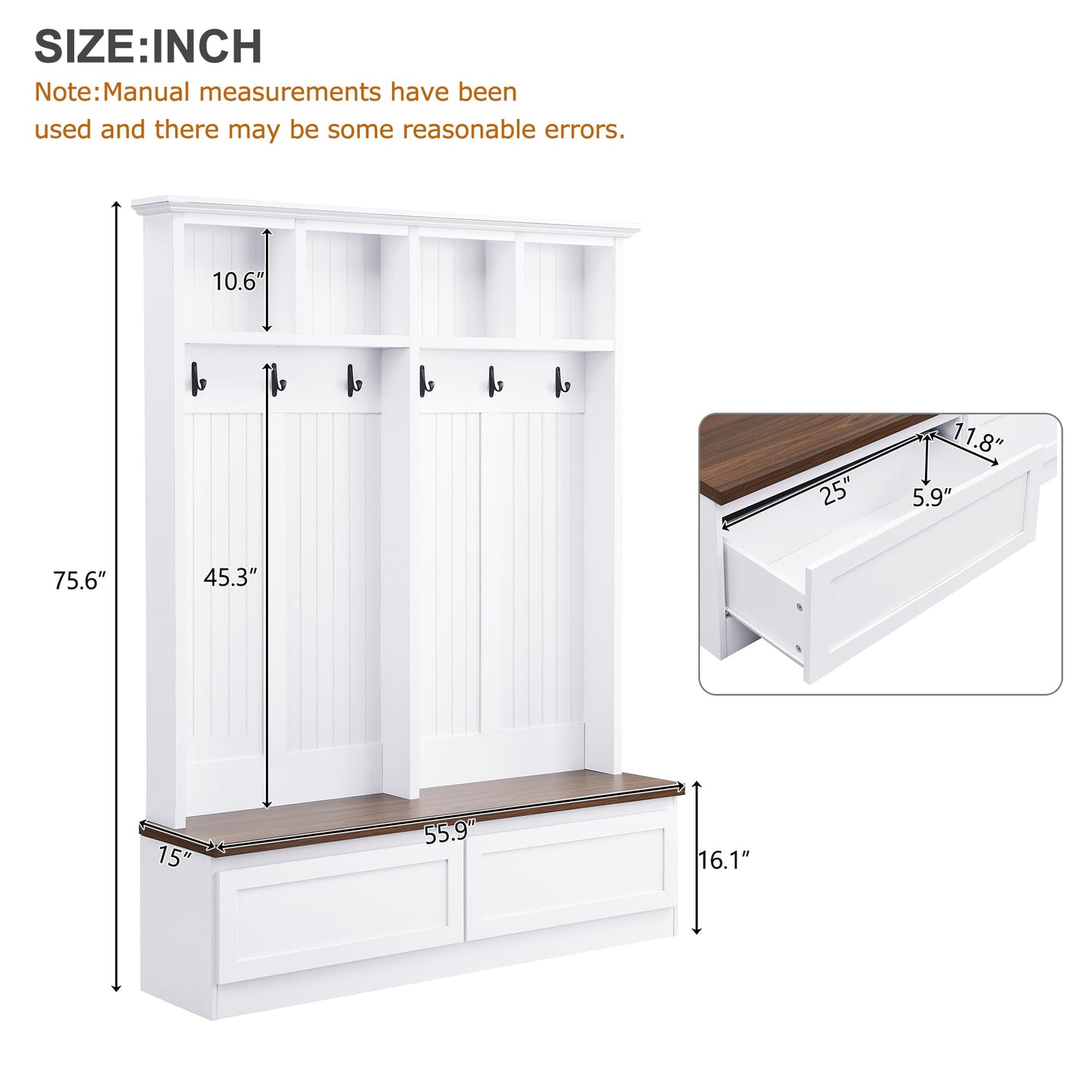 Ball & Cast Farmhouse 4-in-1 Hall Tree with Bench, Versatile Coat Rack with 2 Storage Drawers & Hanging Hoooks, Entryway Organizer Shoe Cabinet with Open Shelves for Living Room, White
