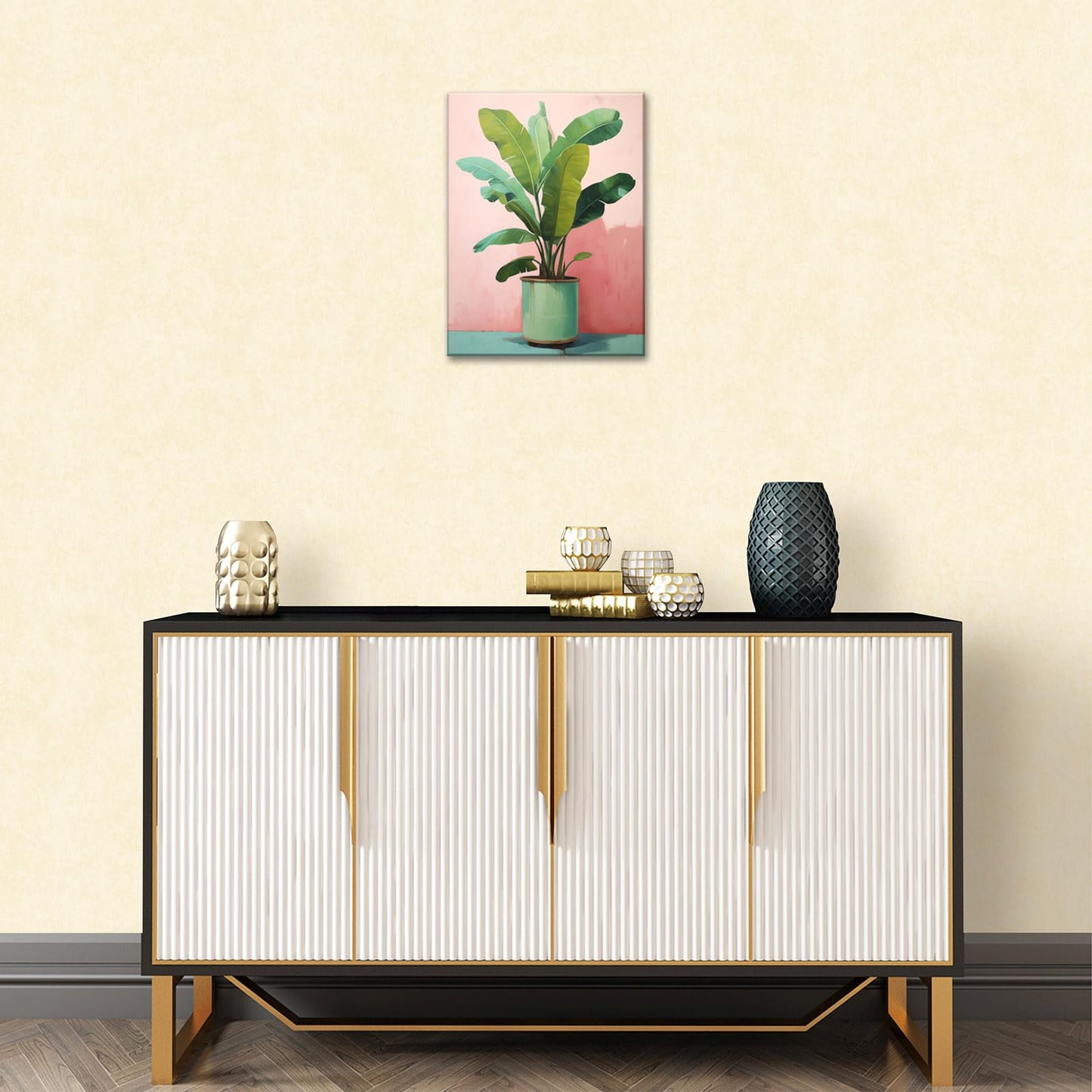 FUNHUA Vases Botanical Canvas Poster Green Plant Painting Wall Art House Plant Artwork Pink Wall Art for Living Room Bedroom Canvas With Wood Framed 12X16inches