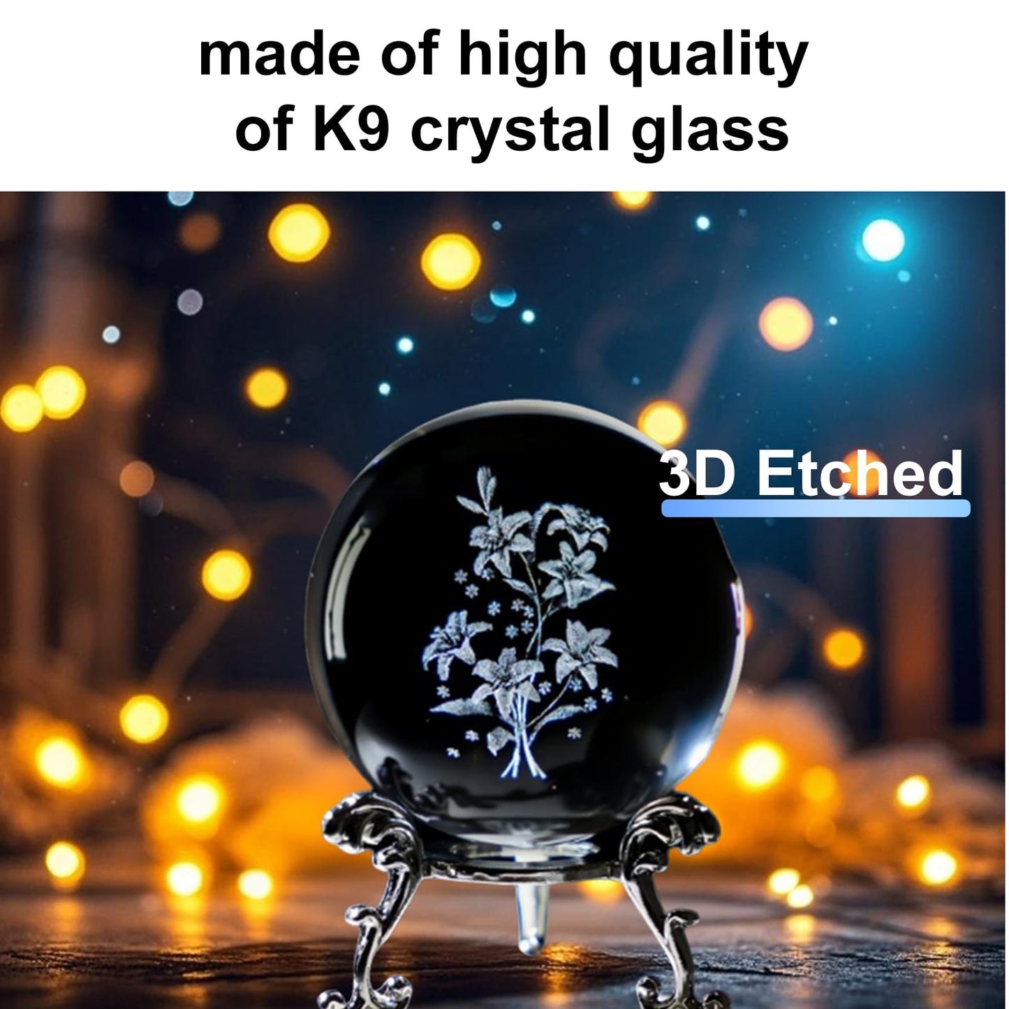 2.36in 3D Laser Engraved Flower Crystal Ball with Base Glass Sphere Ornament Paperweight for Desktop Display Shelf or Ambient Decor
