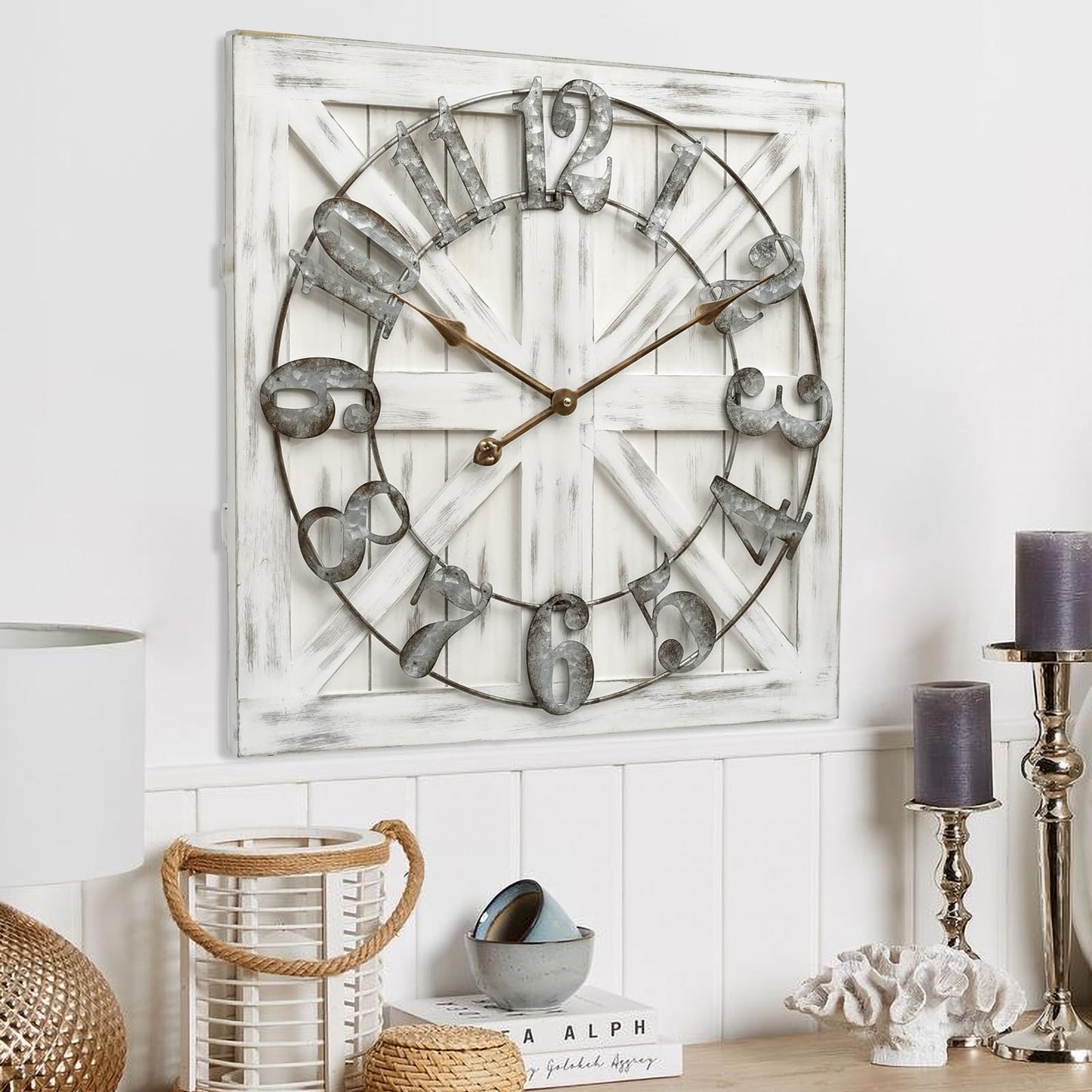 EMAX HOME Large Farmhouse Wall Clock – 24 Inch White Square Rustic Wooden Clock with Decorative Reversible Wooden Sign, Perfect for Any Space and Ideal Gift