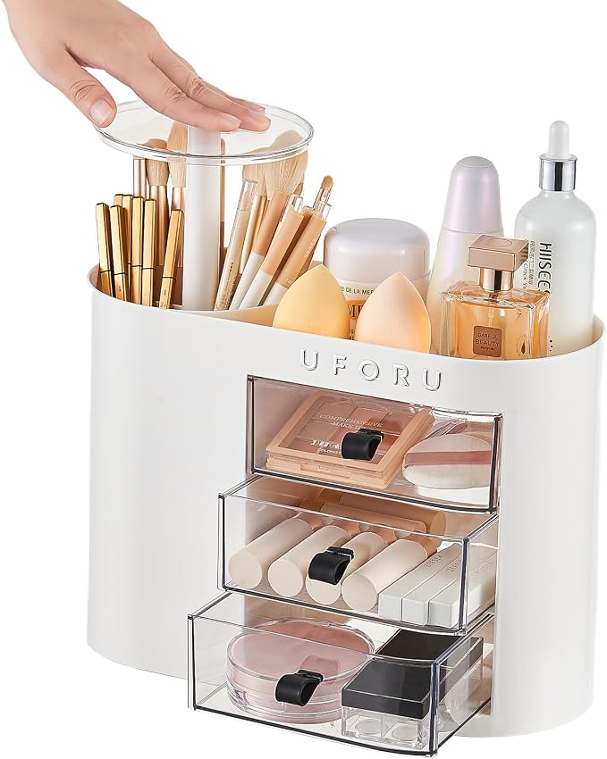 UFORU Makeup Organizer with Pop-Up Brush Holder for Dresser Vanity, Plastic Bathroom Counter Organizer with 3 Drawers & Dust-Proof Cover, Cosmetic Display Case for Lipstick, Skincare, White