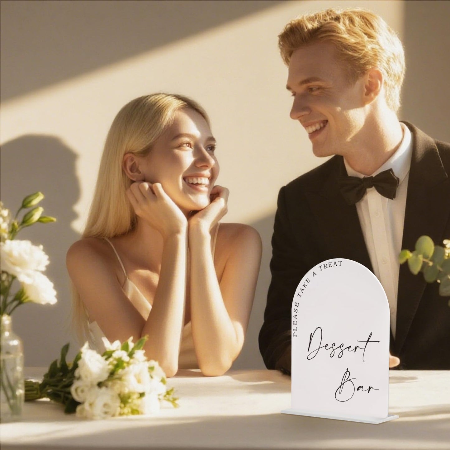 Acrylic Dessert Bar Sign – 6x8” Arch Tabletop Sign with Base, 1/8” Thick – Modern Wedding Dessert Table Décor, Party Reception Candy Bar Signage White
