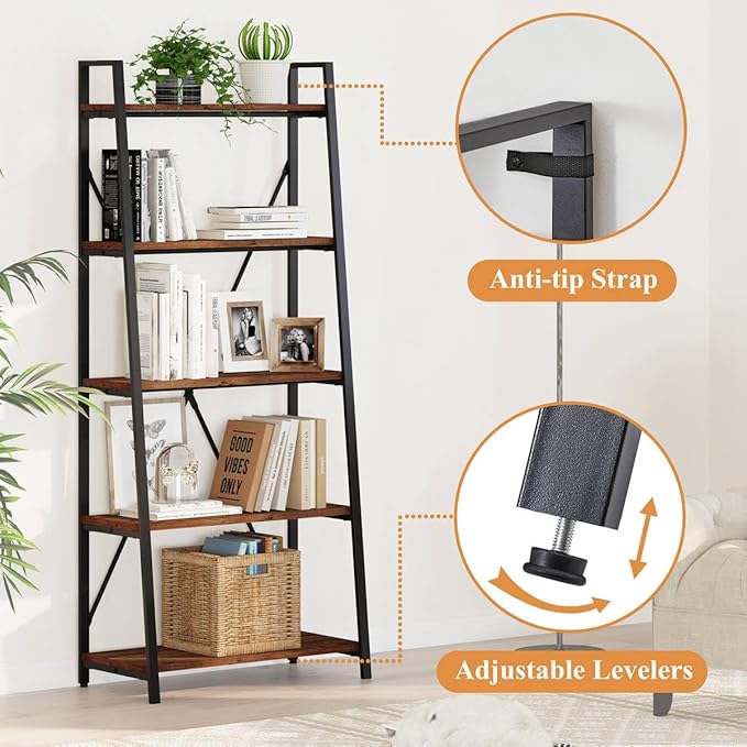 BON AUGURE Ladder Shelf Bookcase, 5-Tier Industrial Ladder Bookshelf, Tall Living Room Shelves, Wood and Metal Leaning Shelf for Home Office, Kitchen, Bedroom, Balcony (Rustic Oak)
