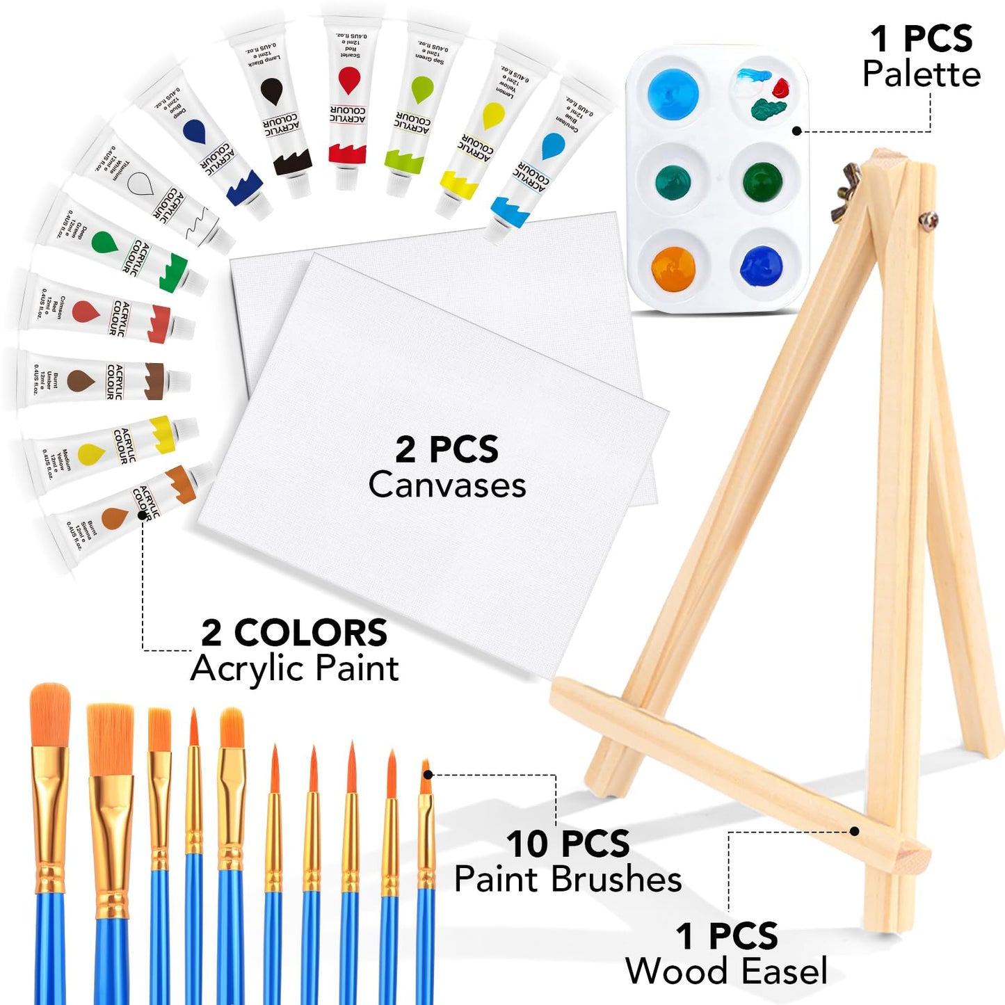 ESRICH 26 PCS Acrylic Paint Set with 12 Colors Acrylic Paints (12ml, 0.4 oz), 10 Paint Brushes, 2 Canvas, 1 Wood Easel, 1 Plate, Painting Supplies Kits for Kids, Adults, Artists and Beginners