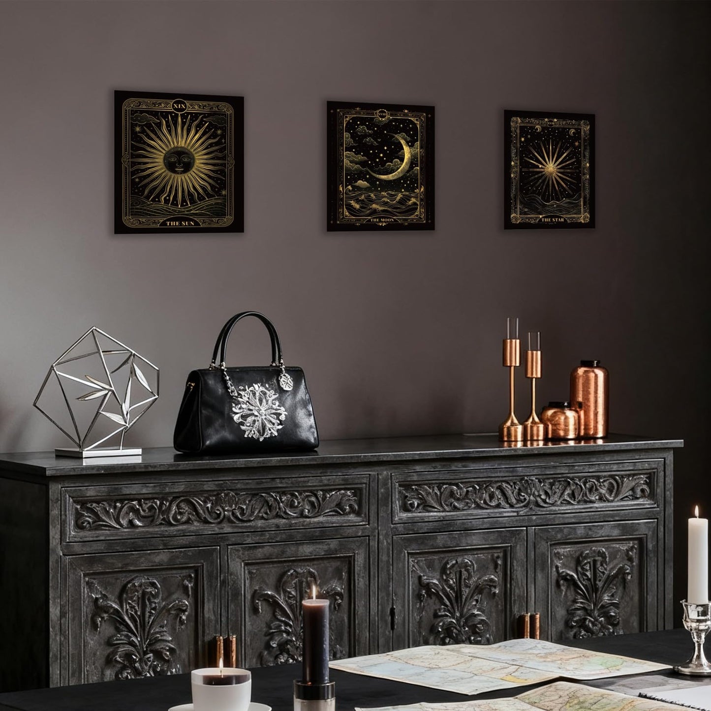 CRAFTYMELODY Tarot Wall Art Prints Set of 9 Gold Black Tarot Theme Poster Wall Decor Home Artworks for Gallery Living Dining Room Bedroom Bathroom Home Decoration 8x10 Inch Unframed