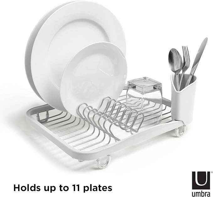Umbra Sinkin Dish Drying Rack – Drainer Caddy with Removable Cutlery Holder – Use in Sink or On Counter, Standard, White/Nickel