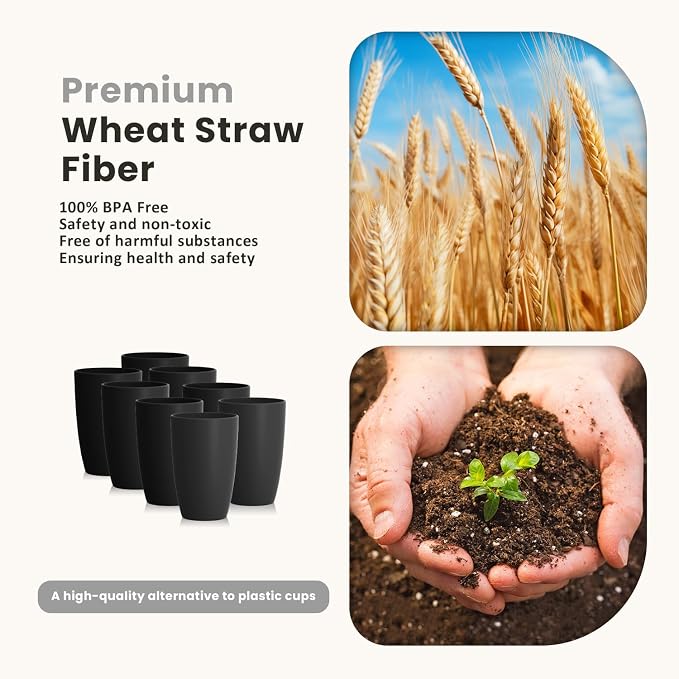 Homienly Wheat Straw Cups 8 PCS Plastic Cups Unbreakable Drinking Cup Reusable Dishwasher Safe Water Glasses with Black Color (20 OZ)