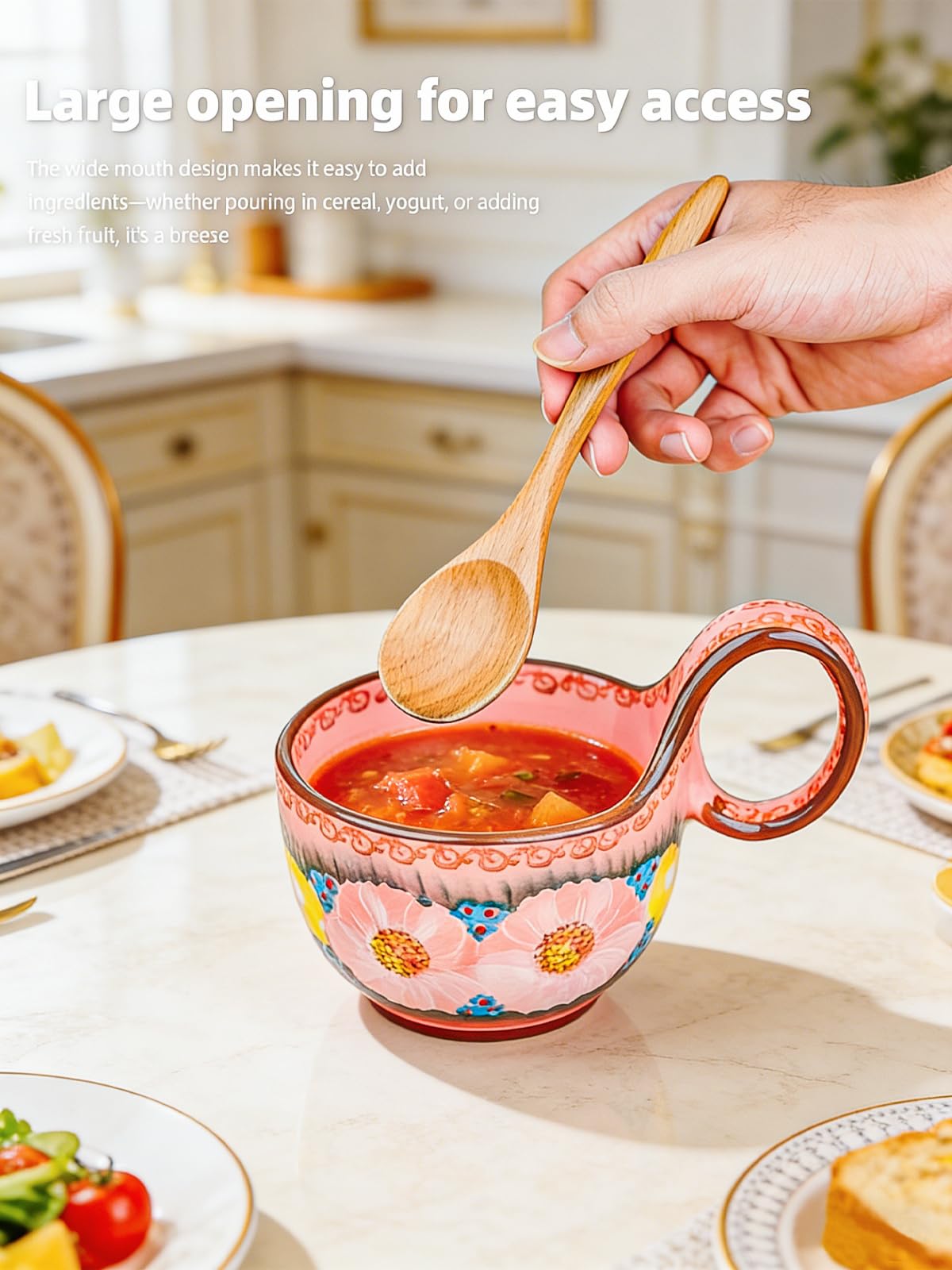 silesia Handmade Ceramic Soup Bowl with Loop Handle, Hand Painted Floral Cereal Bowl, Artisanal Soup Mug for Chili, Stew, Oatmeal, Microwave Safe, Glazed Pink