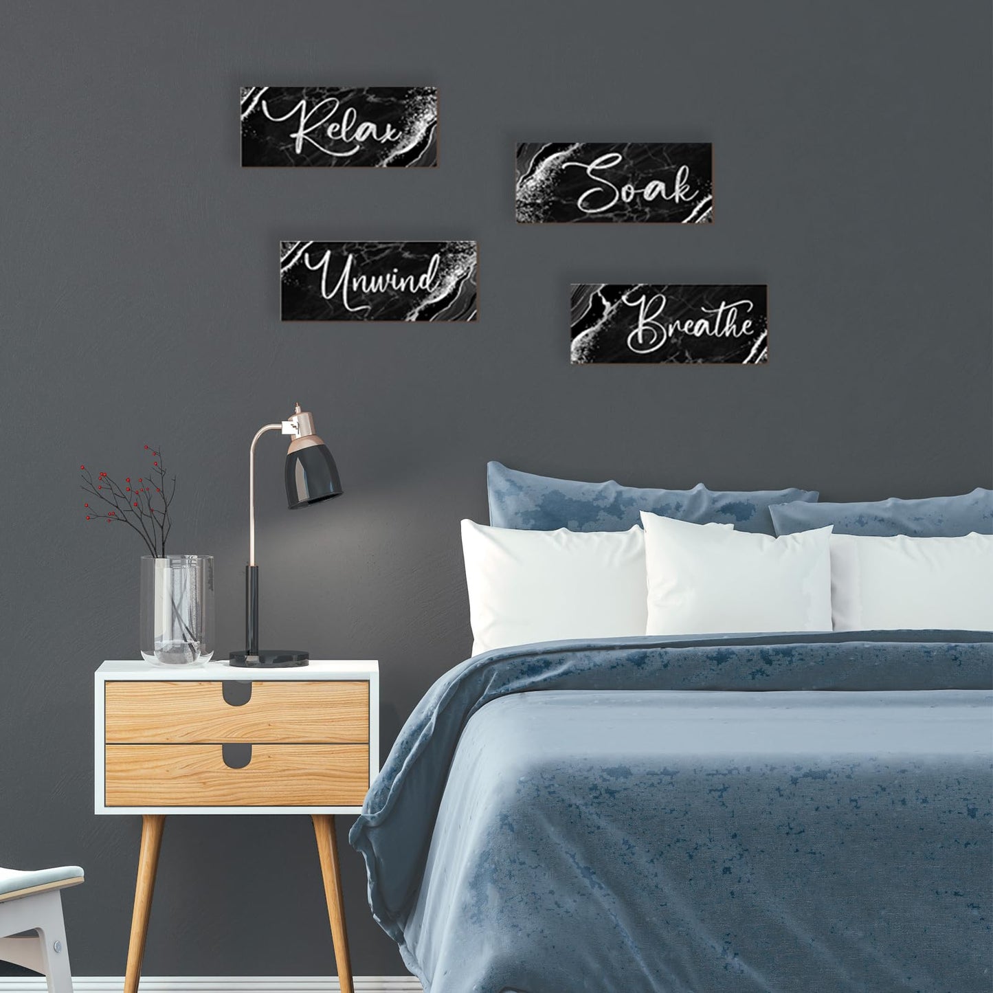 ONIZHITY 4 Pcs Black And Silver Bathroom Decor Wall Signs Relax Soak Unwind Breathe Wooden Rustic Marble Style Bathroom Accessories for Bedroom Living Room Kitchen Decoration(Black Silver 10X4")