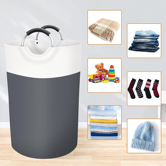 BlissTotes 75L Laundry Basket, Freestanding Laundry Hamper, Collapsible Dirty Clothes Hamper, Waterproof Fabric with Foam Protected Aluminum Handles for College, Dorm, Family (Gray)