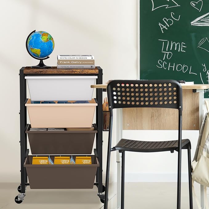 Rolling Cart with Drawers, Rolling Storage Cart with Large Plastic Drawers & Wooden Tabletop, Utility Cart with Pegboards & Basket, Storage Drawers Cart for Living Room, Classroom, Bedroom, Office