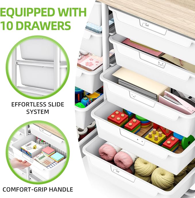 10 Drawers Rolling Cart with Wooden Tabletop, Utility Storage Cart with Wheels, Art Supply Craft Organizer on Wheel with Metal Frame & Handles for Home Office School (Pure White)