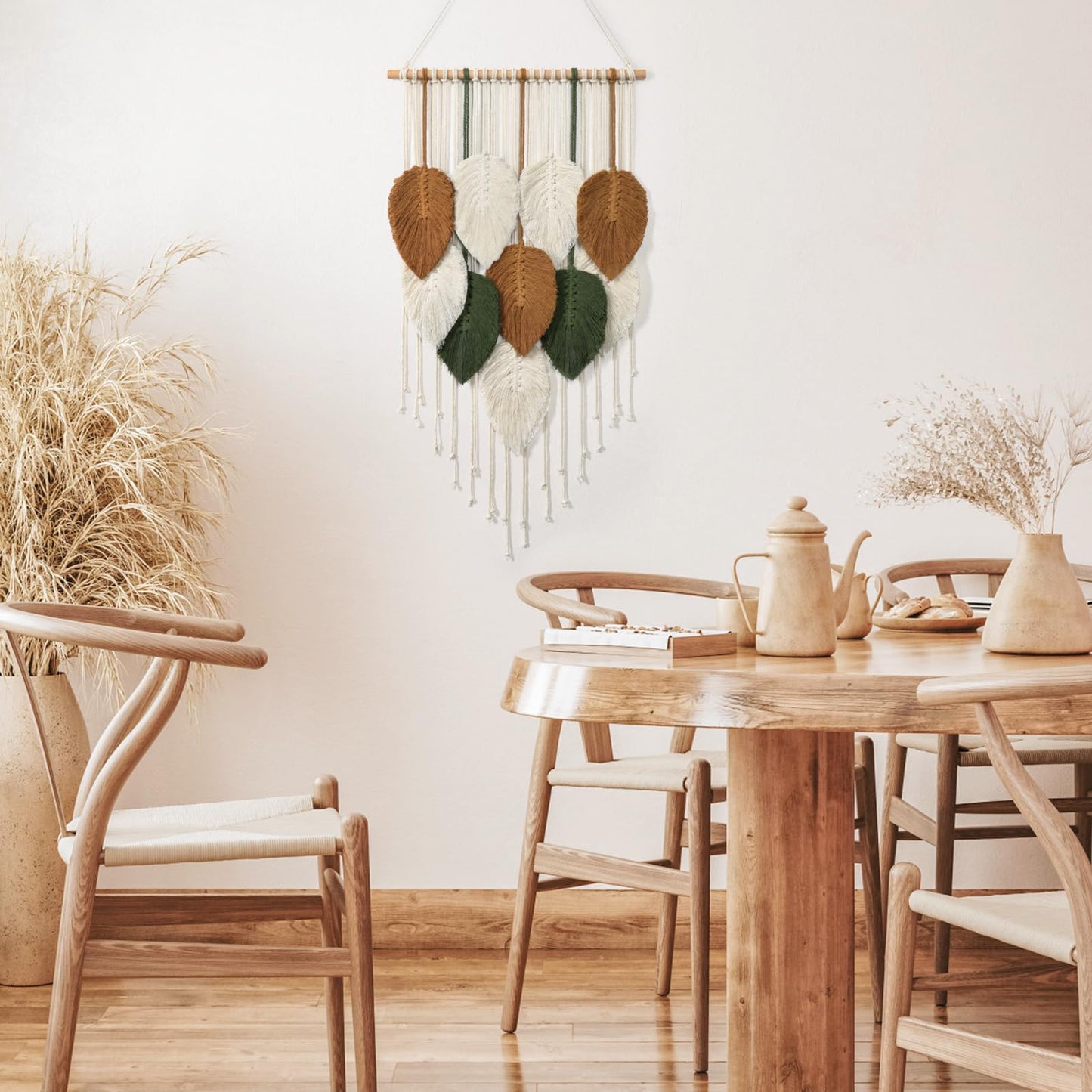 KHOYIME Macrame Wall Hanging Leaves Woven Tapestry, Boho Chic Home Decor Modern Bohemian Handmade Leaf Feather Wall Art Decorations for Apartment Dorm Living Room Bedroom Nursery Backdrop 16.5"x29.5"