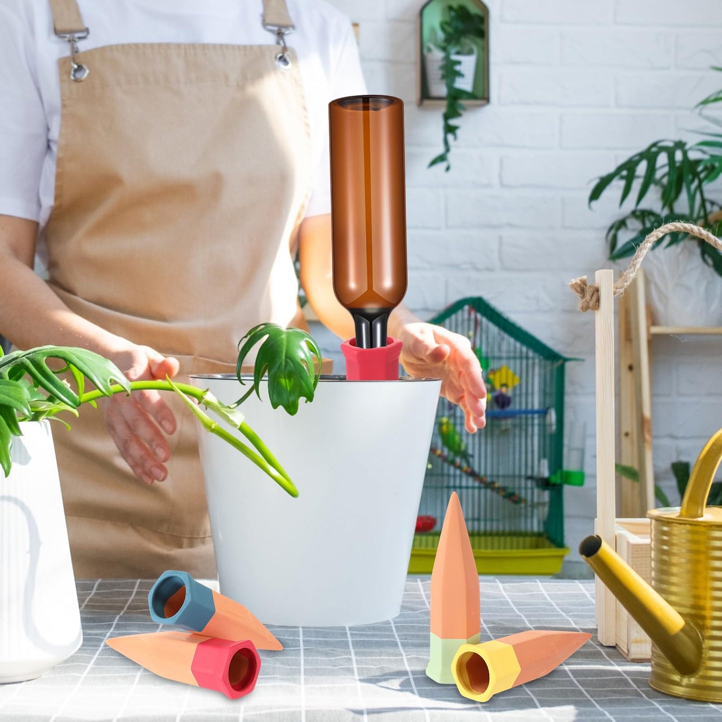 Baderke 8 Pcs 4 Set Plant Watering Devices, Terracotta Watering Spikes with 25 oz Plastic Wine Bottles, Slow Release Vacation Insert Automatic Plant Waterer Devices for Indoor Outdoor