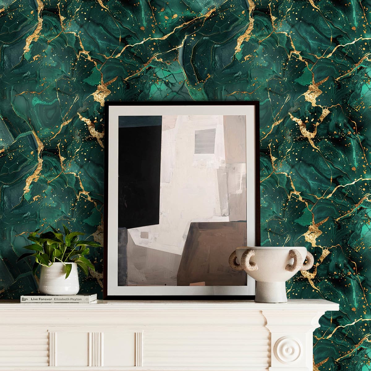 COKCOKR Emerald Gold Marble Art Wallpaper 17.71"x118.1"Vinyl Waterproof Removable Self Adhesive Contact Paper Aesthetic Wallpaper for Bathroom Countertops, Kitchen, Bedroom Background Walls