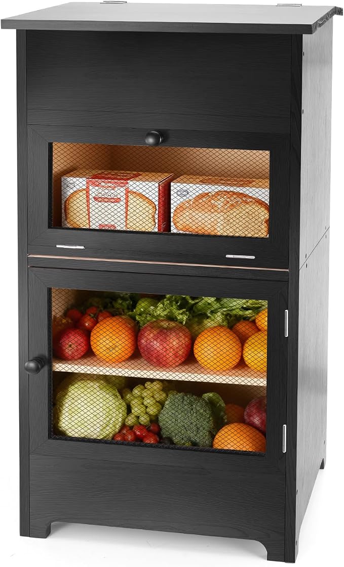 Large Potato and Onion Storage Bin - Wooden Stackable Bread Storage Box with Lid & Mesh Doors, Decorative Fruit and Vegetable Organization Cabinet for Kitchen, 15.75"W x 10.7"D x 33.5"H (Black)