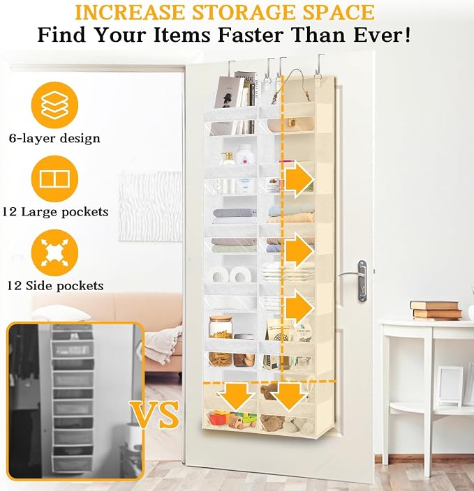 Over The Door Organizer 6 Tiers, Extra Large Behind Door Storage of 12 Compartments, 80 lbs Weight Capacity Hanging Storage Organizer with Clear Window Kids Toys, Shoes,Diapers, Room Storage, White