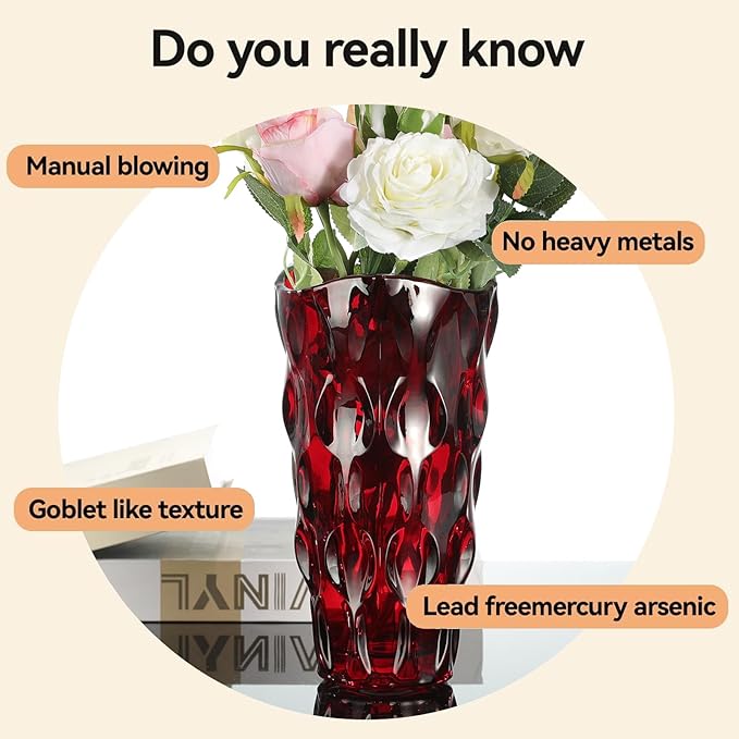 CEMABT 9.5inch 3.4 lb Glass Vases for Flowers Unbreakable Thickened Morden vase for Tables Centerpieces,Colorful,Vintage and Clear Rose Large Flower vases for Bouquet Unique Gifts（Red）