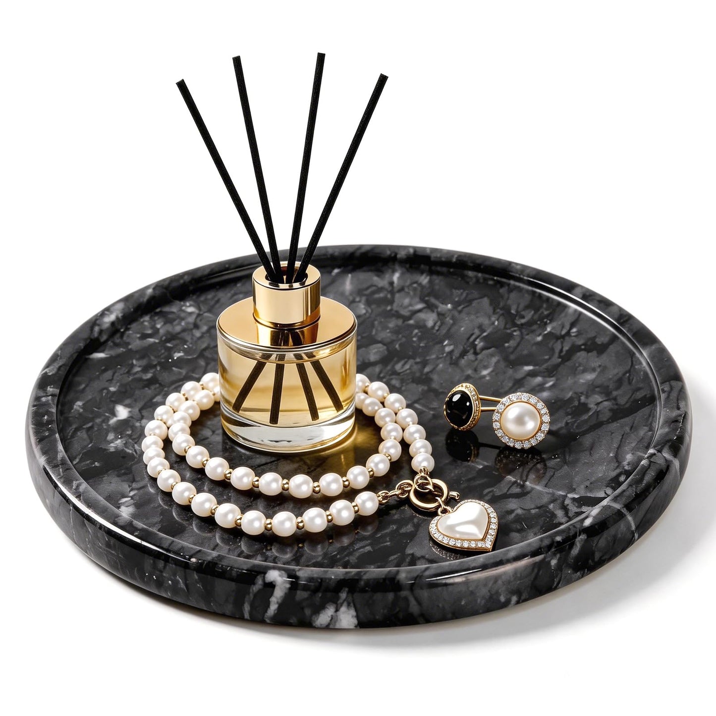 Woduelka Natural Round Marble Tray - 7.8" Marble Vanity Tray for Dresser, Bathroom, Decorative Jewelry Dish for Perfumes Rings Earrings Necklaces, Stone Tray for Home Décor, Black