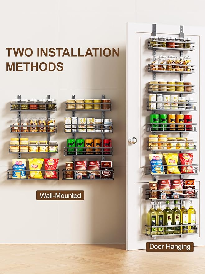 Delamu 9 Tier Over The Door Pantry Organizer, Pantry Organization and Storage, Hanging Spice Rack for Pantry Door Organizer, Metal Pantry Door Shelves for Kitchen Bathroom Laundry Room,15.3" Black