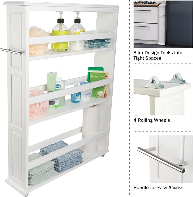 Lavish Home 3-Tier Slim Rolling Storage Cart - 25” x 5.7” Narrow Rolling Cart with Handle and Wheels for Bathroom, Laundry Room, and Kitchen Organization - Pull-Out Home Organizers (White)