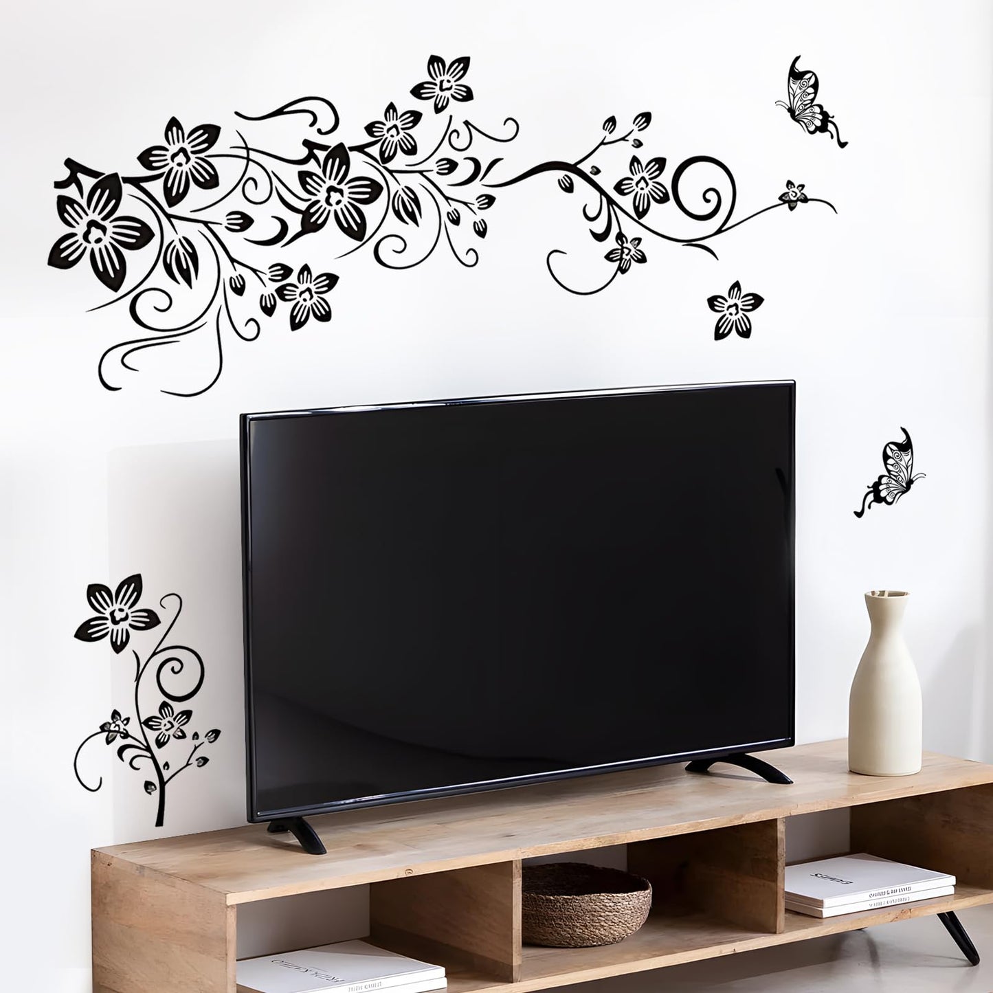 Supzone Flowers Vine Decals Black Flowers Butterfly Wall Decor Removable Vinyl DIY Home Art Stickers for Bedroom Living Room Sofa Backdrop TV Wall Decoration
